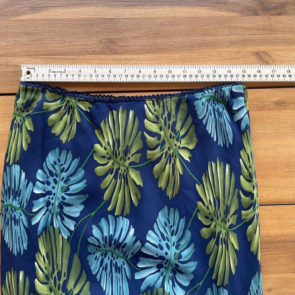 VTG PIANO 100% Silk Skirt L Navy Blue Green Tropical Leaf Print Flowy Midi Boho - Picture 4 of 5